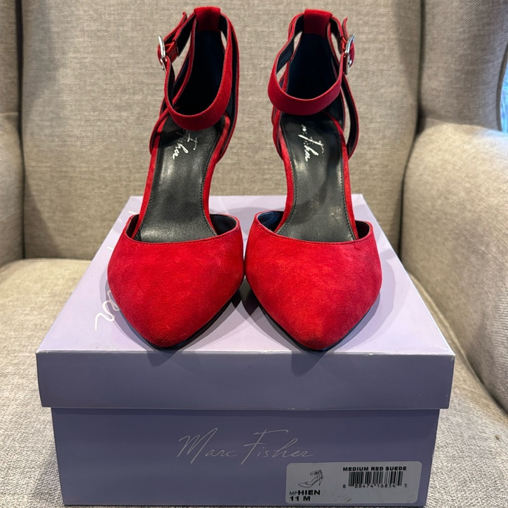 Red suede pump 3” heel with ankle strap by Marc Fisher size 11. Gently used